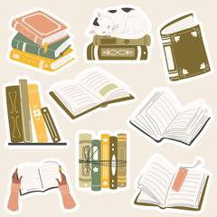 Vector illustration set of books, open pages, bookmarks and a cute cat. Cozy hand-drawn style, perfect for stickers, planners, stationery, and educational design.