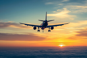Airplane silhouette at sunset with vibrant sky creating a peaceful atmosphere