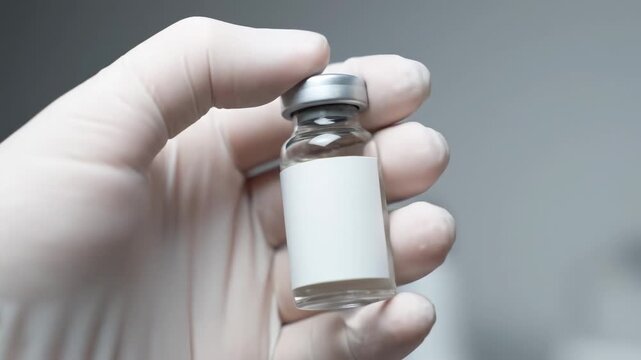 Gloved Hand Holding Peptide Vial - Close-up view of a hand wearing a surgical glove gently holding a small, clear glass vial with a gray cap. The vial is labeled "Peptide" and contains a clear liquid.