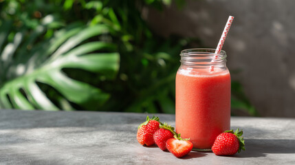 A refreshing strawberry smoothie in a mason jar. Captured in a photo, fresh, and inviting. 