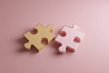 Fototapeta premium Two interlocking puzzle pieces, rendered in soft hues of gold and pink, sit together on a pink surface, the image symbolizing connection and problem-solving. 