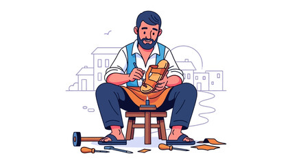 Craftsmanship in Focus: An artisan meticulously crafts a sandal, skillfully utilizing tools to shape and perfect each detail in a charming illustration of traditional craftsmanship.