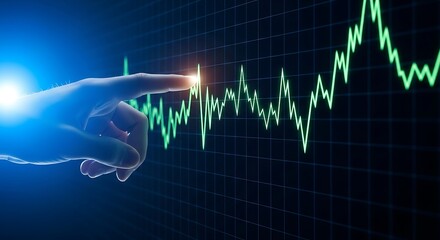 Closeup of a finger touching a green financial graph on a dark grid background