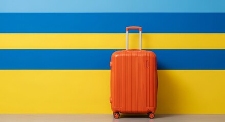 Orange Suitcase Against a Blue and Yellow Wall