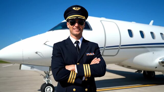 Confident Pilot Posing by Private Jet - A smiling pilot in sunglasses stands with arms crossed in front of a white private jet on a sunny airport runway. He is wearing a uniform and captain's hat.