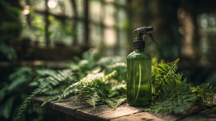 A green spray bottle sits on a wooden surface surrounded by ferns in a blurred outdoor setting