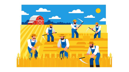 Harvest Harmony: A vibrant illustration captures the essence of rural life, depicting farmers diligently working the wheat fields under a bright blue sky and warm sun.