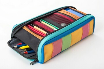 Colorful pencil case with various stationery items, including pencils, pens, and markers, all neatly organized inside, isolated on white background