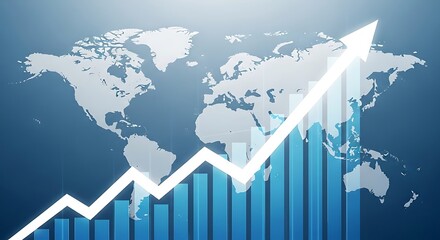 Global economic growth chart with upward trend arrow over world map