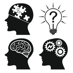 Black Silhouette Heads With Brain Gears Puzzle Lightbulb Question Mark Vector human head silhouette