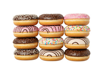 Stack of assorted donuts with frosting and sprinkles, isolated on transparent background