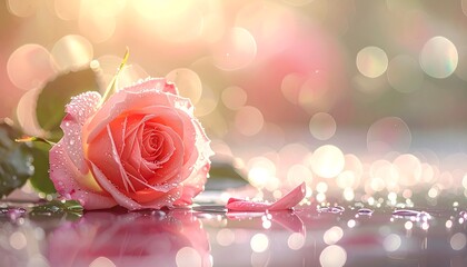 Pink rose, bokeh, water droplets