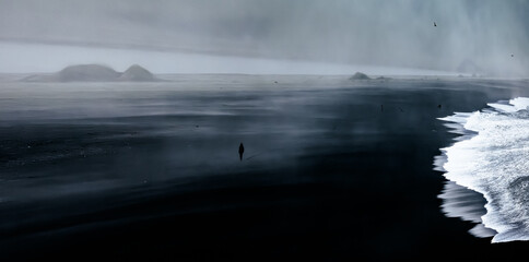 silhouette of a person walking on the black sand beach in southern Iceland