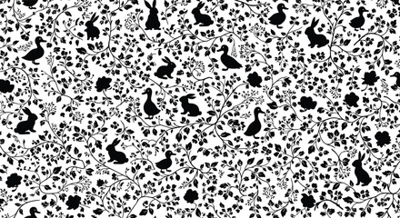 Fototapeta premium Vintage floral pattern with rabbit and duck silhouettes, black and white botanical wallpaper, seamless garden animal vector background