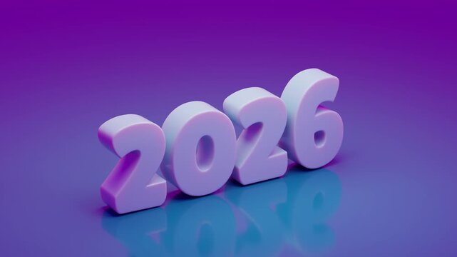 Flexible, translucent numbers with a soft body effect fly along winding paths to form 2026. They bounce on a reflective violet surface. Abstract New Year animation
