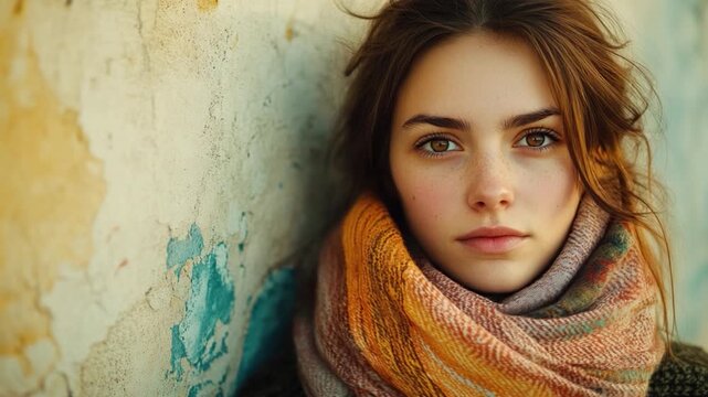 A woman leans against a wall wrapped in a scarf, possibly for warmth or style