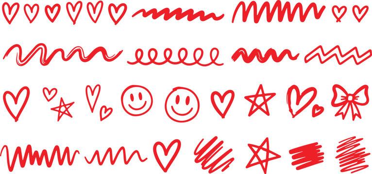Collection of red hand drawn hearts scribbles stars and smiley faces