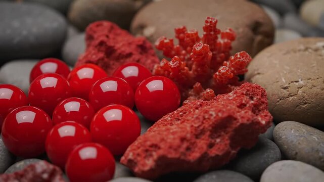 Red Coral Beads and Stones - Close-up view of shiny red beads arranged amongst pieces of red coral and smooth grey stones.