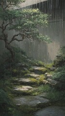 Obraz premium A serene, misty garden path descends under a soft rain, highlighted by a lush, overhanging tree.