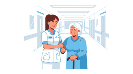 Caring Hand in Healthcare: A compassionate caregiver tenderly supports an elderly woman, symbolizing empathy, comfort, and patient-centered care in a serene healthcare setting.