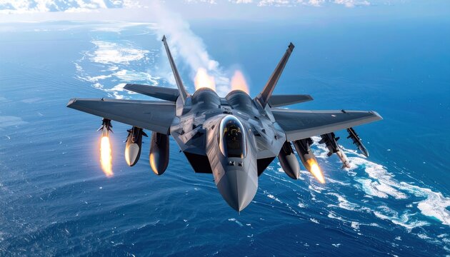 Spectacular image of a F-22 Raptor fighter jet flying over the blue ocean with missiles firing