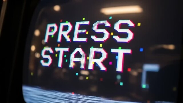 Close-up of a retro arcade machine screen displaying the words 'PRESS START'.