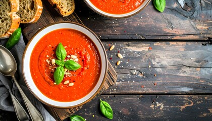 Delightful tomato soup with fresh basil and rustic bread on wooden background