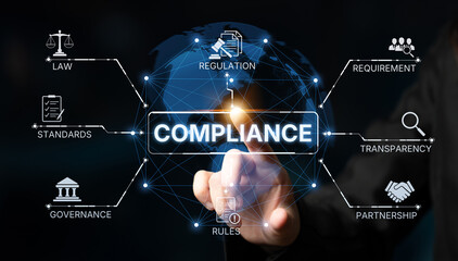 Obraz premium Compliance ensures alignment with standards, laws, and policies. A strong compliance system helps enforce regulation, protect organizations, and improve global compliance transparency. Spline