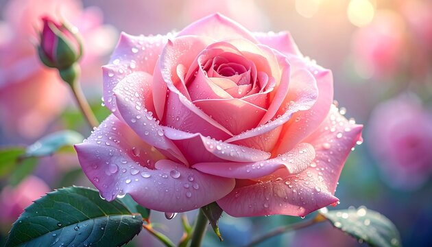 Pink rose with dew drops