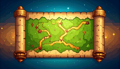 Detailed pixel art treasure map unfolded on a scroll with wooden supports