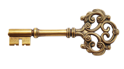 Ornate Golden Key isolated on a Transparent or white Background