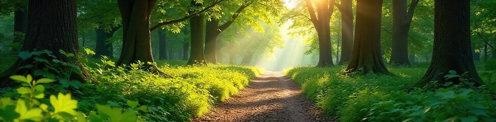 Serene nature scene perfect for meditation; sun-dappled forest path, lush greenery, tranquil atmosphere, ideal for mindfulness and relaxation , branches, sunlight