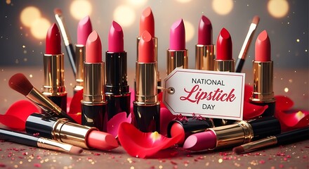 A vibrant collection of lipsticks in various shades with makeup brushes, rose petals, and a 'National Lipstick Day' tag.