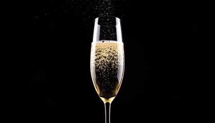 Elegant champagne flute filled with effervescent bubbles against a dark background celebration
