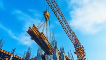 Crane lifting beam with construction site. - Powered by Adobe