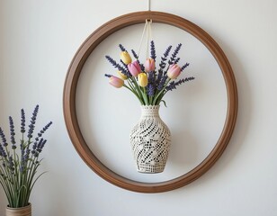 A decorative arrangement featuring a white vase with a geometric design, holding a bouquet of pink tulips and purple lavender. 