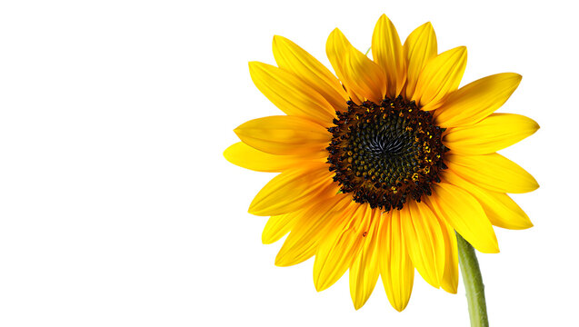 Closeup of a vibrant yellow sunflower isolated on transparent background, showcasing its intricate details, from the delicate petals to the dark center, capturing the essence of summer and natural bea