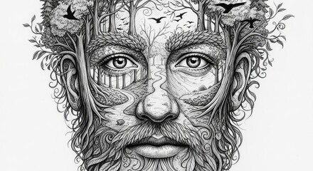 Monochrome Hand Drawn Portrait Merged With Forest Landscape