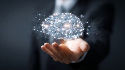 Futuristic glowing digital brain held in hand symbolizing artificial intelligence innovation and scientific breakthrough