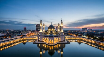 Fototapeta premium Beautiful Floating Mosque at Twilight with Stunning Reflection.