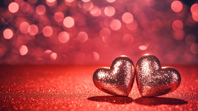 Sparkling red hearts on a glittery surface with soft bokeh lights for a romantic feel