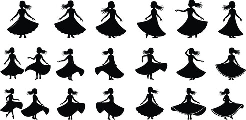 Silhouette of dancing women in flowing skirts, various dance poses, vector illustration for art, fashion, movement, elegance, graphic design, clipart.