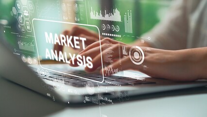 Close-Up of Hands Typing on Laptop with Overlay of Market Analysis Graphics and Data Visualization Elements. Asymptotic smart data analytic.