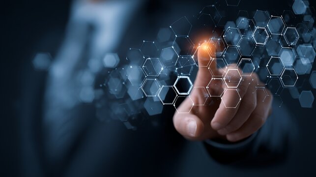 Professional hand interacts with glowing digital network interface, symbolizing innovation and future technology connection - Powered by Adobe