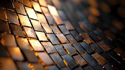 Metallic copper and bronze mosaic tiles pattern with dramatic lighting and bokeh effect creating luxurious abstract background with diagonal composition.