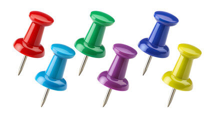 Colorful push pins isolated on transparent background are displayed