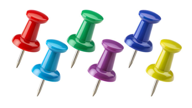 Colorful push pins isolated on transparent background are displayed
