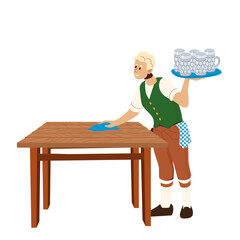 Smiling server in lederhosen wipes wooden table while holding tray of empty mugs. Flat festive scene great for Oktoberfest ads, event graphics, and food service themes