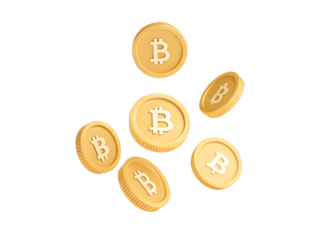 Golden bitcoin coins isolated on transparent background are floating