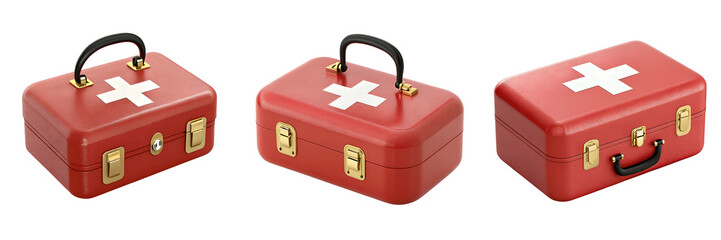 Three red first aid kits isolated on transparent background